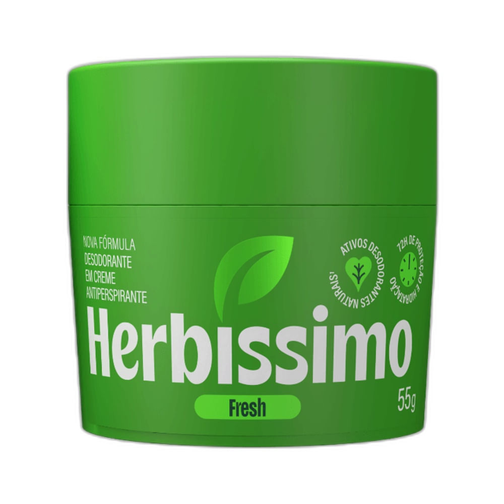 Desodorante creme Herbíssimo Fresh embalagem verde vibrante com destaque para o nome da marca e peso 55g